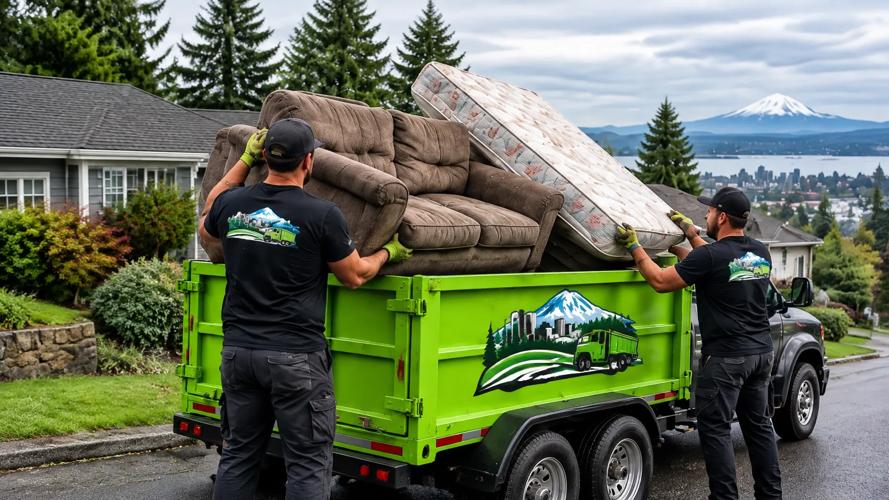 Two HaulMyCrap crew members loading a couch and mattress into a green trailer in Tacoma